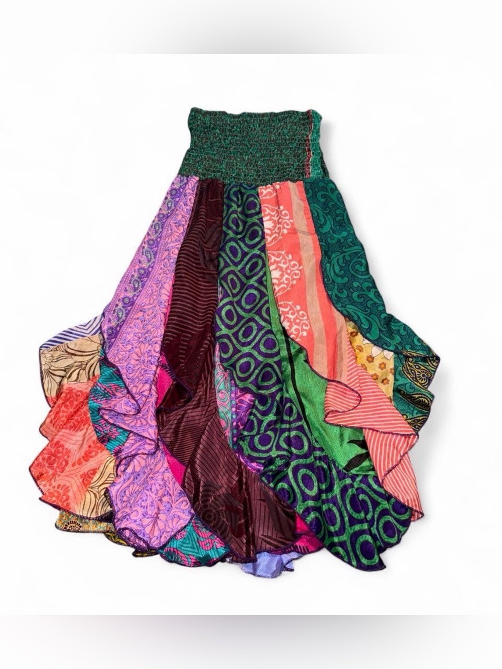 Bohemian Multicolor Patchwork Maxi Skirt - Vibrant Green Accents